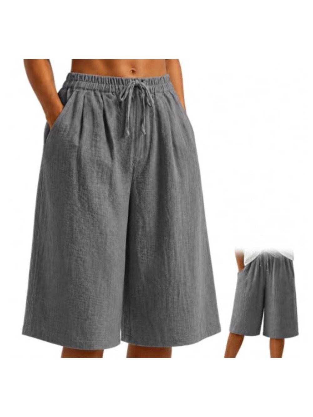 Cotton Linen Feel Bermuda Shorts High Waisted Drawstring Pockets